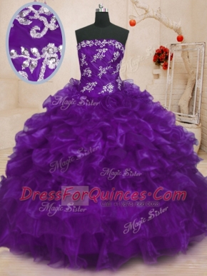 Purple Strapless Lace Up Beading and Appliques and Ruffles Sweet 16 Quinceanera Dress Sleeveless