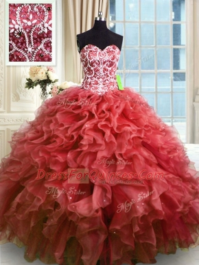 Exceptional Organza Sweetheart Sleeveless Lace Up Beading and Ruffles Quinceanera Dress in Wine Red