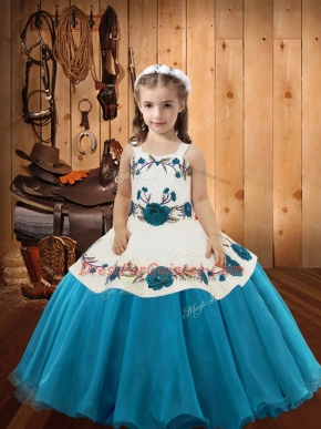 Simple Teal Ball Gowns Organza Straps Sleeveless Embroidery Floor Length Lace Up Little Girls Pageant Dress