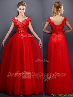 Classical Beaded V Neck Red Prom Dresses with Cap Sleeves