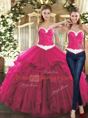 Fuchsia Sleeveless Floor Length Ruffles Lace Up Sweet 16 Dress