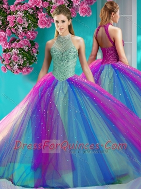 Exclusive Halter Top Really Puffy Sweet 16 Dress with Beading and Appliques