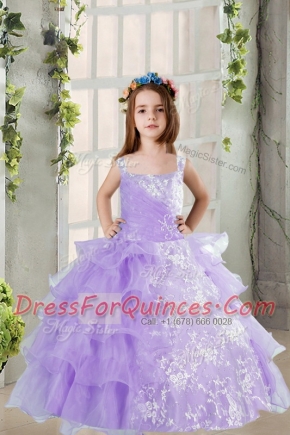 Glorious Beading and Ruffled Layers Little Girls Pageant Gowns Lavender Lace Up Sleeveless Floor Length