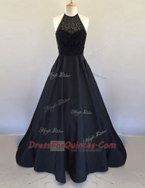 Black Prom Evening Gown Prom and Party and For with Beading Halter Top Sleeveless Zipper