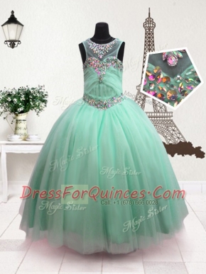 Classical Scoop Turquoise Ball Gowns Beading Kids Formal Wear Zipper Organza Sleeveless Floor Length