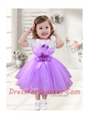 2014 Cute Short Tea-length Hand Made Flowers Little Girl Dress with Straps