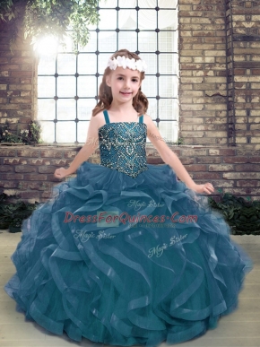 Floor Length Blue Pageant Dress for Teens Tulle Sleeveless Beading and Ruffles