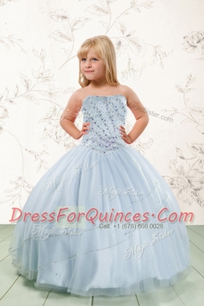 Fitting Baby Blue Sleeveless Beading Floor Length Toddler Flower Girl Dress