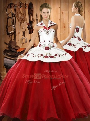 Sumptuous Wine Red Halter Top Neckline Embroidery Quinceanera Dress Sleeveless Lace Up