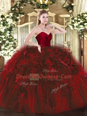 Vintage Sleeveless Organza Floor Length Zipper Quince Ball Gowns in Wine Red with Ruffles