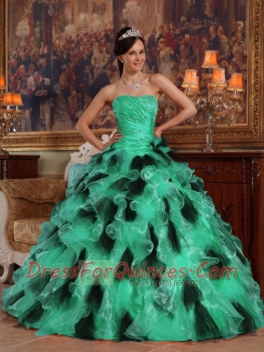 Beautiful Green and Black Strapless  Ball Gown Floor-length Beading And Ruffles Organza Beautiful Quinceanera Dress