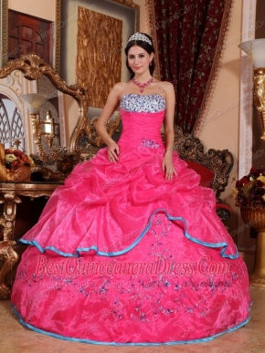 Rose Pink Ball Gown Strapless Floor-length Organza Appliques Quinceanera Dress