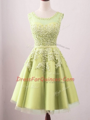 High Class Yellow Lace Up Dama Dress Lace Sleeveless Knee Length