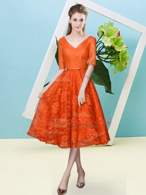 Elegant Tea Length Orange Red Damas Dress Lace Half Sleeves Bowknot