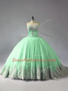 Apple Green Ball Gowns Tulle Sweetheart Sleeveless Appliques Lace Up Sweet 16 Dress Court Train