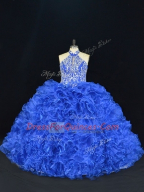 Custom Made Sleeveless Organza Floor Length Lace Up Quince Ball Gowns in Royal Blue with Beading and Ruffles