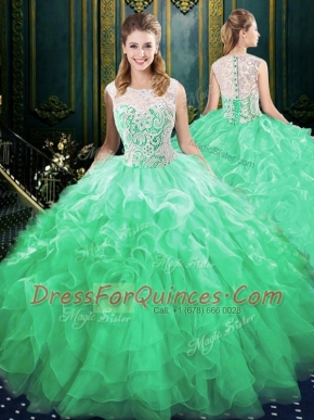 Scoop Zipper Quince Ball Gowns Green for Military Ball and Sweet 16 and Quinceanera with Appliques and Ruffles Brush Train