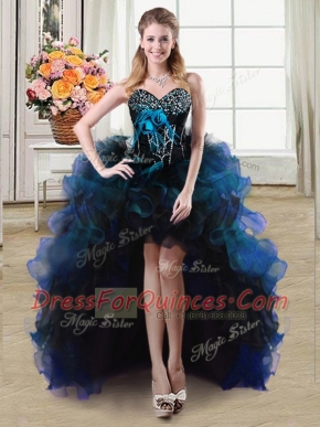 Sweetheart Sleeveless Organza and Tulle Beading and Ruffles and Hand Made Flower Lace Up