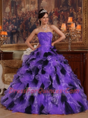 Organza Purple and Black Strapless Beading Organza Ball Gown Dressw with Ruching and Ruffles