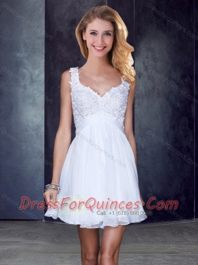 Cheap Straps Backless Beaded and Applique Short Prom Dress in White