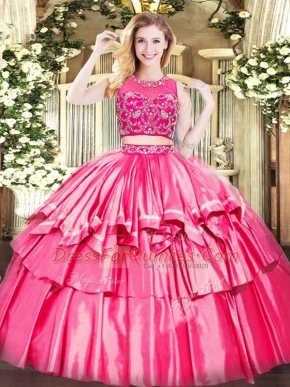 Hot Selling Hot Pink Two Pieces Beading and Ruffled Layers Quinceanera Dresses Zipper Tulle Sleeveless Floor Length