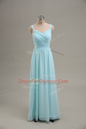 Blue Zipper Homecoming Dress Ruching Sleeveless Floor Length
