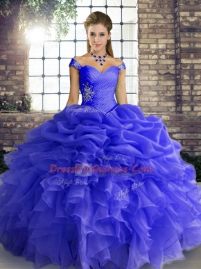 Sleeveless Organza Floor Length Lace Up Quinceanera Gown in Blue with Beading and Ruffles and Pick Ups