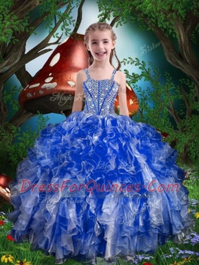 Designer Royal Blue Little Girls Pageant Gowns Party and Wedding Party and For with Beading and Ruffles Spaghetti Straps Sleeveless Lace Up