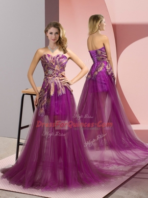 Fantastic Purple Empire Tulle Sweetheart Sleeveless Appliques Zipper Evening Dress Brush Train