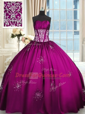 Floor Length Lace Up Sweet 16 Dress Fuchsia for Military Ball and Sweet 16 and Quinceanera with Beading and Appliques and Ruching