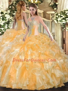 On Sale Floor Length Ball Gowns Sleeveless Gold Quinceanera Gown Lace Up