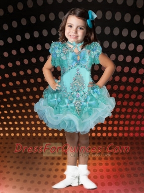 Romantic A-Line V-neck Mini-length Beading Bowknot Turquoise Little Girl Dress