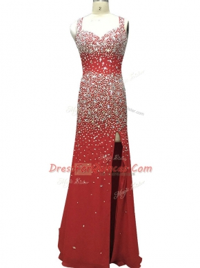Deluxe Straps Sleeveless Prom Dress Brush Train Beading Burgundy Chiffon