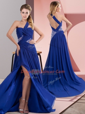Vintage Royal Blue Column/Sheath Beading and Ruching Dress for Prom Backless Chiffon Sleeveless
