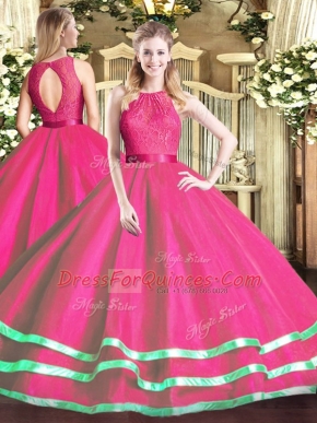 Classical Hot Pink Scoop Zipper Lace Quinceanera Gown Sleeveless