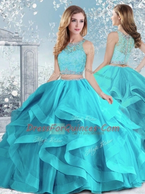 Inexpensive Floor Length Aqua Blue Vestidos de Quinceanera Organza Sleeveless Beading and Ruffles
