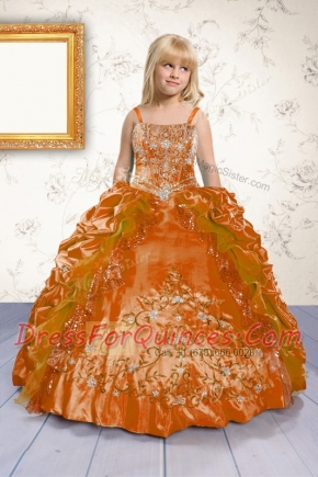 Free and Easy Orange Lace Up Spaghetti Straps Beading and Appliques and Pick Ups Flower Girl Dresses for Less Satin Sleeveless
