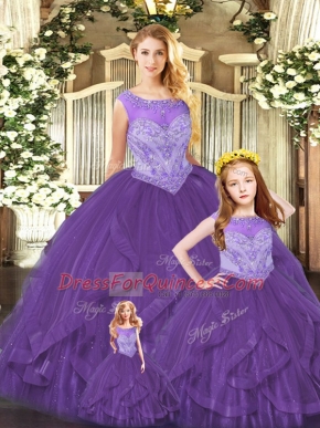 Scoop Sleeveless Lace Up Sweet 16 Quinceanera Dress Purple Organza