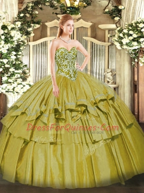 Ideal Olive Green Organza and Taffeta Lace Up Sweetheart Sleeveless Floor Length Quinceanera Dresses Beading and Ruffled Layers