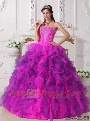 Sweetheart Ball Gown Fuchsia Embroidery and Ruffles Satin and Organza Spring Quinceanera Dresses