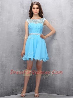 Scoop Knee Length Baby Blue Prom Dresses Chiffon Sleeveless Beading