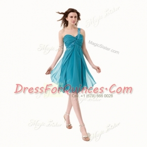 Noble Knee Length Teal Prom Dresses One Shoulder Sleeveless Side Zipper