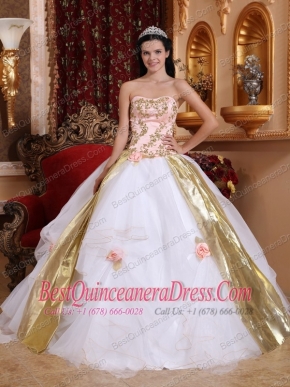 White Ball Gown Strapless Floor-length Organza Beading and Appliques Quinceanera Dress