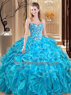 Teal Sweetheart Lace Up Embroidery and Ruffles Quinceanera Dress Sleeveless