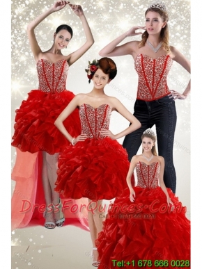 2015 Newest Beading and Ruffles Quince Dress in Red