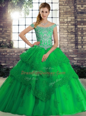 Green Sleeveless Brush Train Beading and Lace Quinceanera Gown