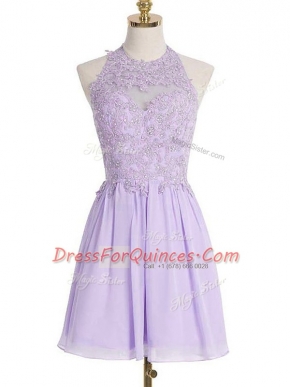 Best Selling Lavender Chiffon Lace Up Halter Top Sleeveless Knee Length Vestidos de Damas Lace