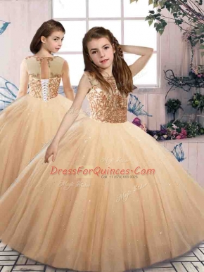 Champagne Lace Up Scoop Beading Little Girl Pageant Dress Tulle Sleeveless
