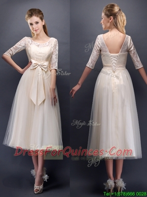 See Through Scoop Half Sleeves Champagne Prom Dresses with Bowknot