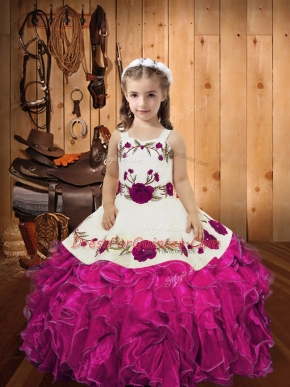 Latest Fuchsia Straps Neckline Embroidery and Ruffles Little Girl Pageant Dress Sleeveless Lace Up